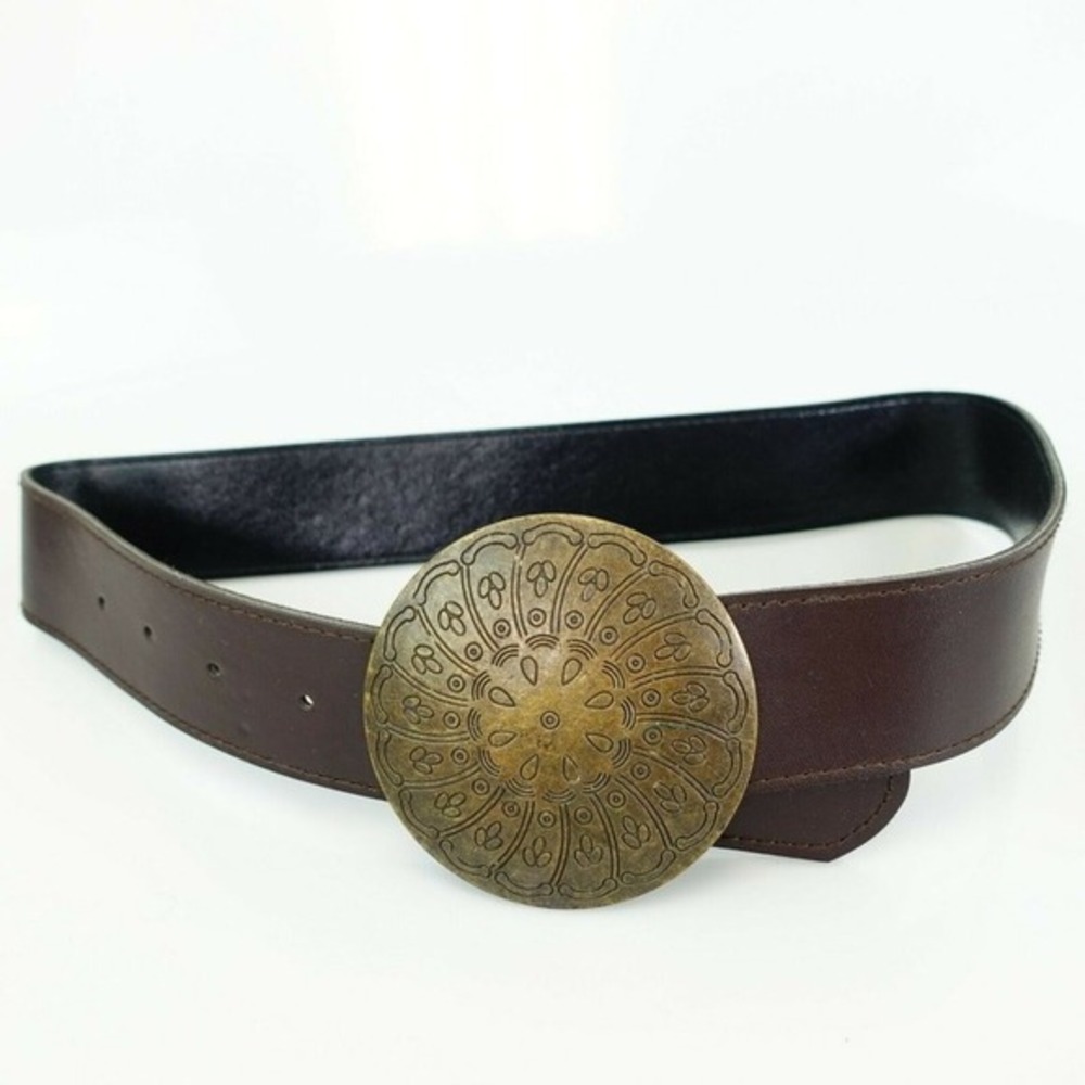 Brown Leather‎ Belt Womens XS 26 Chocoloate Chunky Brass Buckle Boho Western